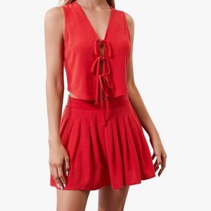 Red Sleeveless Tie-Front Top and Skirt Set